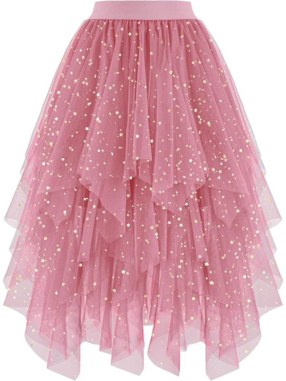 Women's Blush Sequin High Low Layered Asymmetrical Puffy Fairy Midi Tulle Skirt